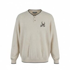 Vintage Fieldmaster Mens XL Henley Sweater Cream Cotton Knit Embroidered Deer